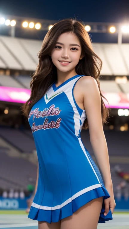 Korean women holding cheerleading sticks in their hands, beauitful face，perfect body figure，Pink shawl long hair，Effeminate female cheerleaders, Korean yellow cheerleaders, Wear a sleeveless, low-cut T-shirt and a white pleated skirt， Portrait of a Korean cheerleader, cinematic —ar 16:9, woman, cheerleading, close up portrait shot, Realistic female cheerleaders, still from live action movie, TV photography, Cheerleading costumes, shot from cinematic