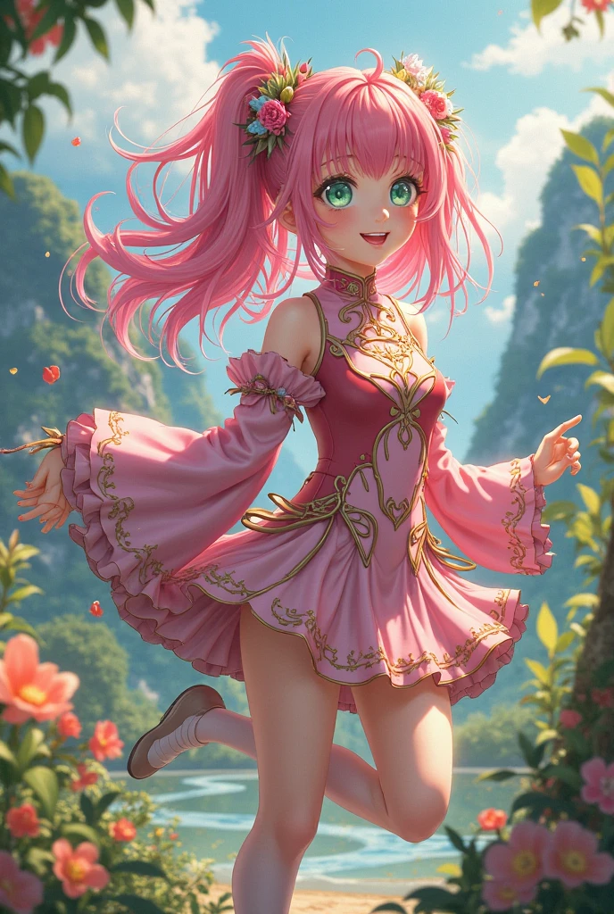 A lovely girl,Wearing a beautiful pink dance outfit.Swirling dance in rainy summer forest.Tilt your head and look at people with a smile.Close-up of character( Perfect anatomical structure )The whole body is perfectly presented and beautiful and the texture is extremely delicate,detailed, bright, Animation style high definition and high quality presentation