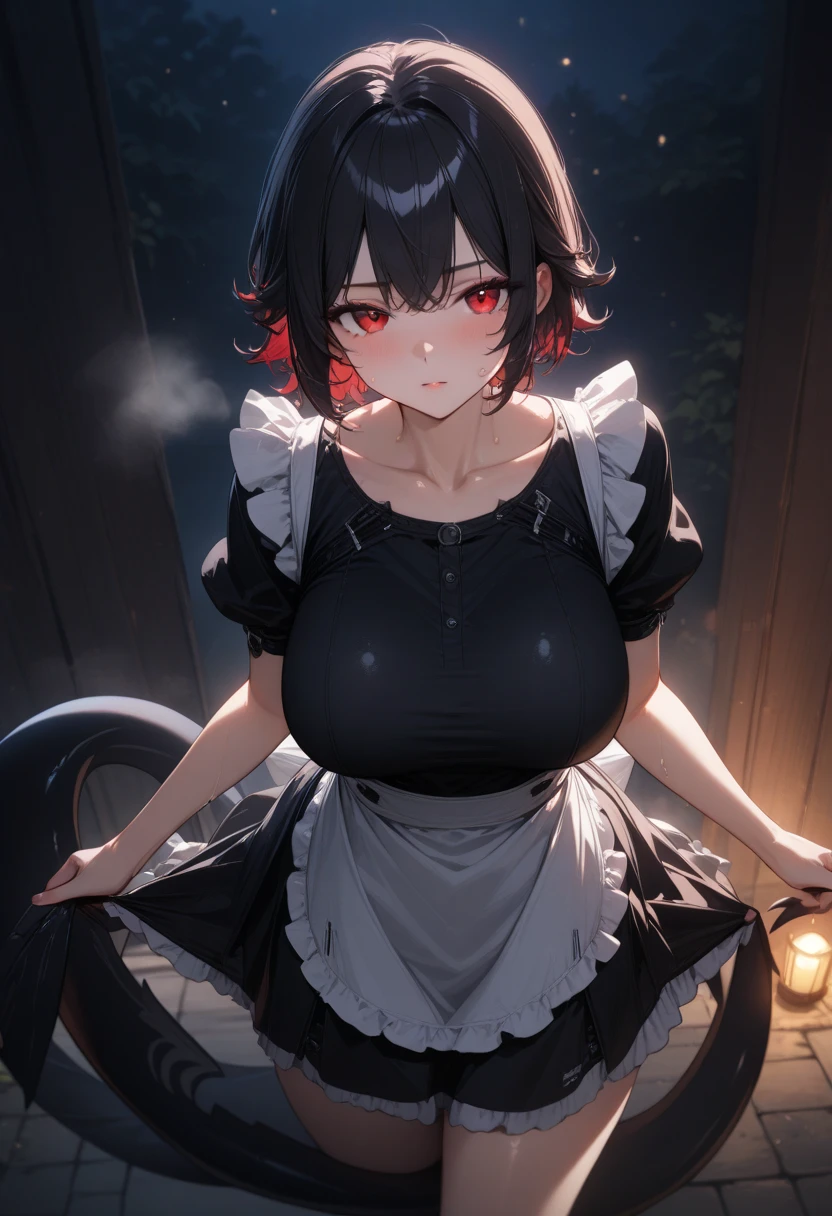 ((masterpiece, best quality)), ((anime girl in the village, night)) (1girl, portrait, close up), (solo, alluring face, seductive face, blushing), (female focus, mature), (res hair, short messy hair),red eyes, sharp eye, detailed eye, ((maid dress, huge breasts)), portraits, dramatic lighting, blueish light, calm atmosphere