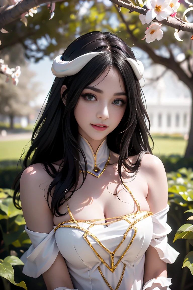 (8k), sharp focus, highres, 1girl, upper body, arisdef, ((Gigantic Breasts1.6)), <lora:albedo-10:0.8> ,albedo_overlord, hair between eyes, white dress, bare shoulders, dress, low wings, ahoge, black feathers, outdoor, (high quality:1.2), (high detail:1.2), (masterpiece:1.2), (extremely detailed:1.2),