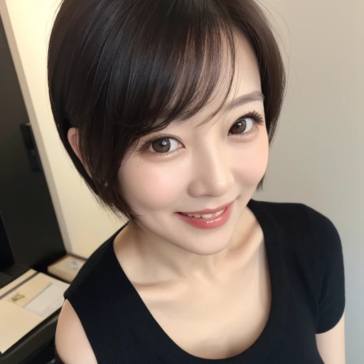 One girl, Mature Woman, E Cup,photograph, Realistic, Highest quality, employment, office,Detailed face, Detailed Background, Diffused sunlight, Depth of written boundary, Bokeh,Bob,smile,front,Wide Eyes,Ayako Hironaka,Selfie,Upper Body,OL,shirt