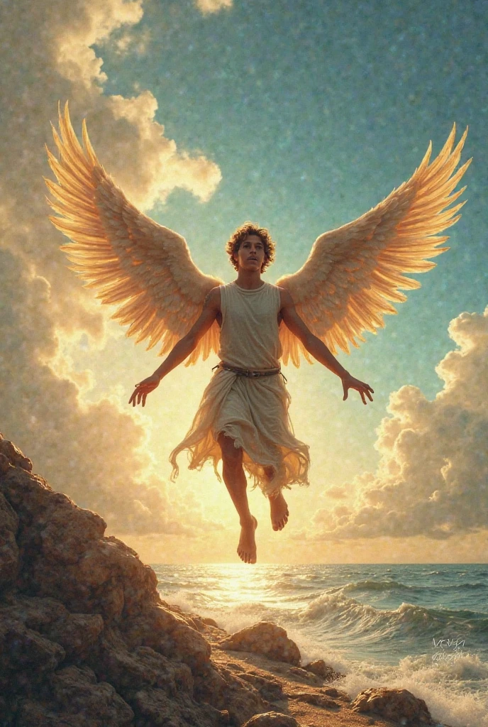 Painting of man with wings Icarus flying through clouds with sun shining AH_Tadema