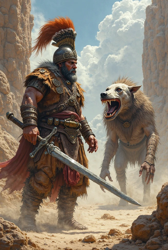 A barbarian with axe fighting a hyaena