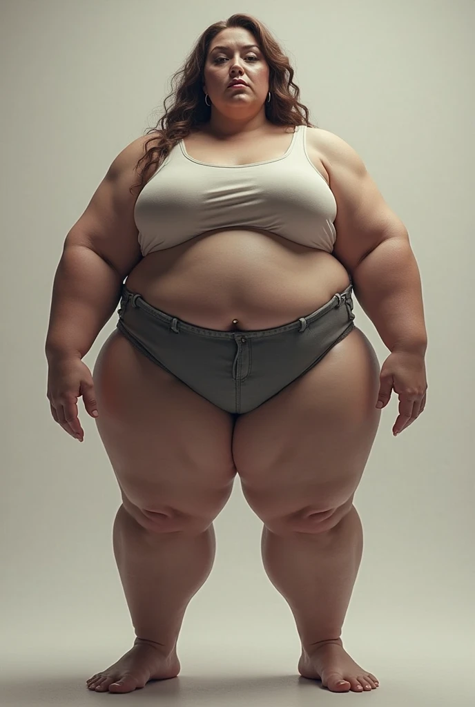 ((naked)),((huge saggy tits)),((heavy looking body)),((wide hips)),((thick body)),((big belly)),((white woman)),((blonde hair)),((short hair)),((Blue eyes)),((full body portrait))、((1 woman)),stand on tiptoe、White blank background、stand facing forward、barefoot、full body portrait、stand with legs apart、Model Pose、Full body portrait