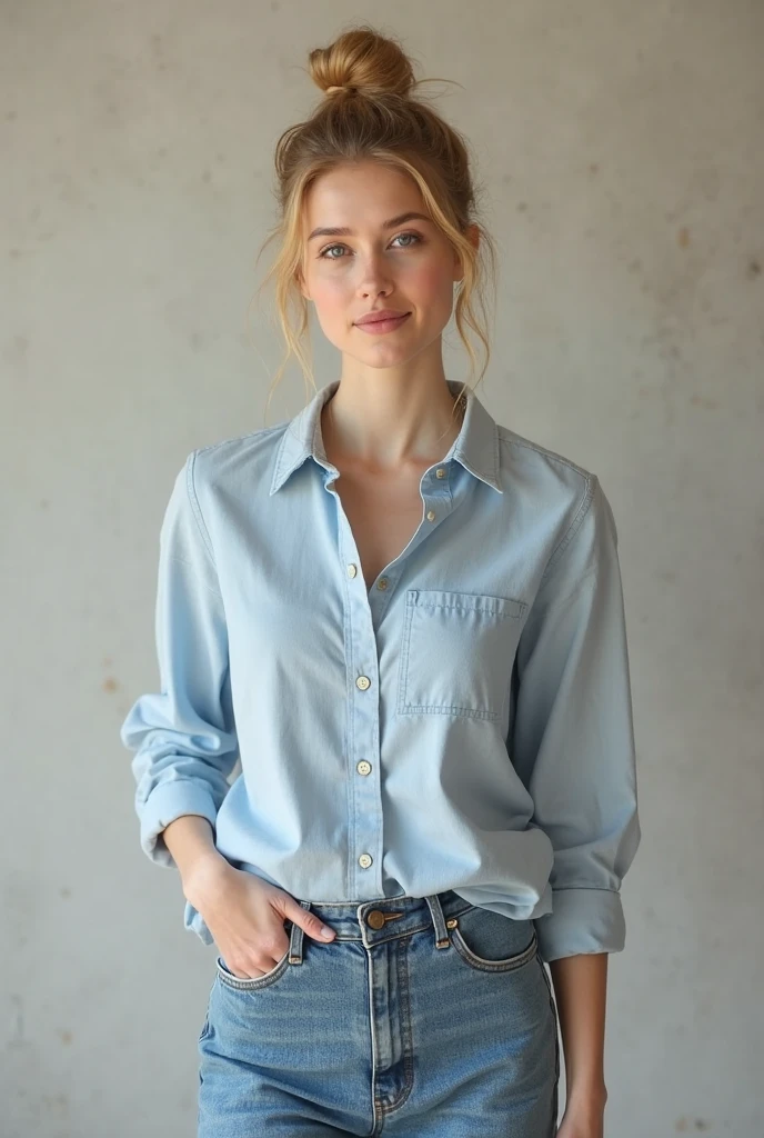 One 16 girl little oval face shape and with blonde hair and blue eyes most fair skin wearing a pastel green shirt and black jeans holding a paper Timewall written on the paper standing in her room terrace
