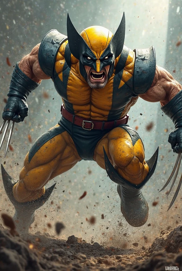 Wolverine in yellow suit screaming to the sky