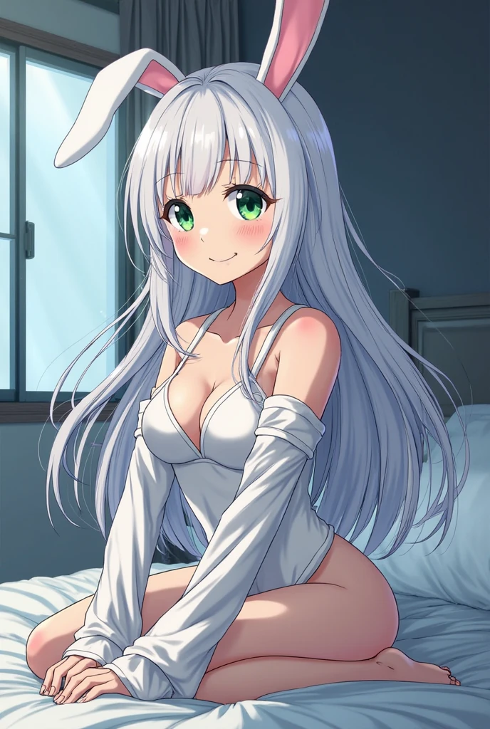 Cabello largo plateado, ojos verdes, headband, bunnysuit, flat breast, sonrisa, happy, muslos hermosos, inside house