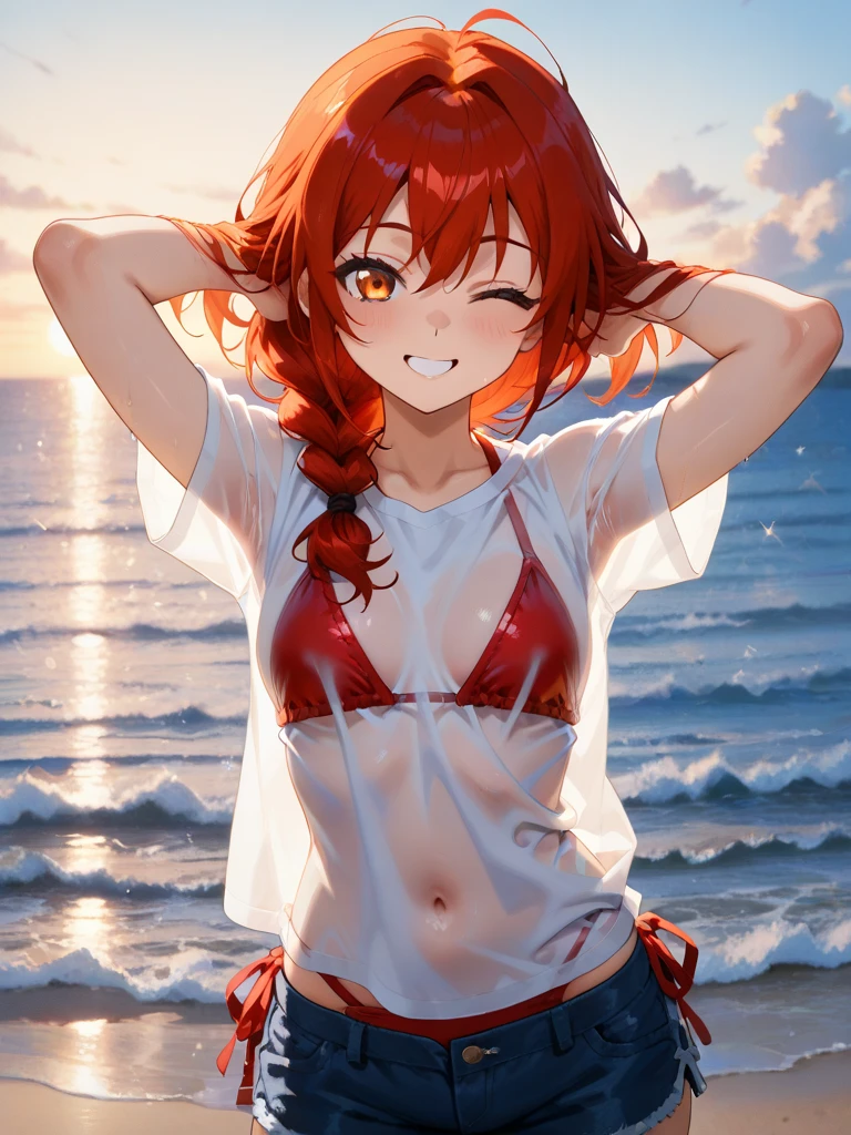 (masterpiece, best quality, high resolution, animescreencap, anime colored,), (perfect anatomy, beautiful detailed eyes, beautiful detailed body, beautiful breast, shiny skin), 1girl, red hair, side bangs, braided ponytail, medium breasts, smiling,orange eyes, ringed eyes, arms up behind head , armpits, looking at viewer, blushing,, ocean, night, seaside, stars, moon, white t-shirt,black thong panties, (((wet skin)))