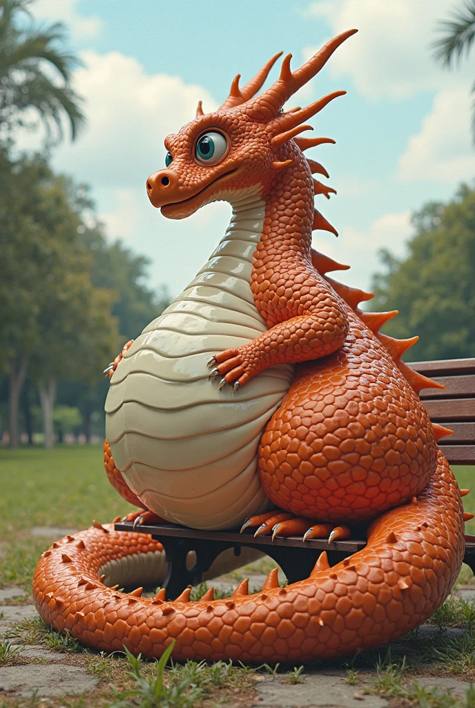Big dragon with sporty big belly lies on sofa in tight running suit