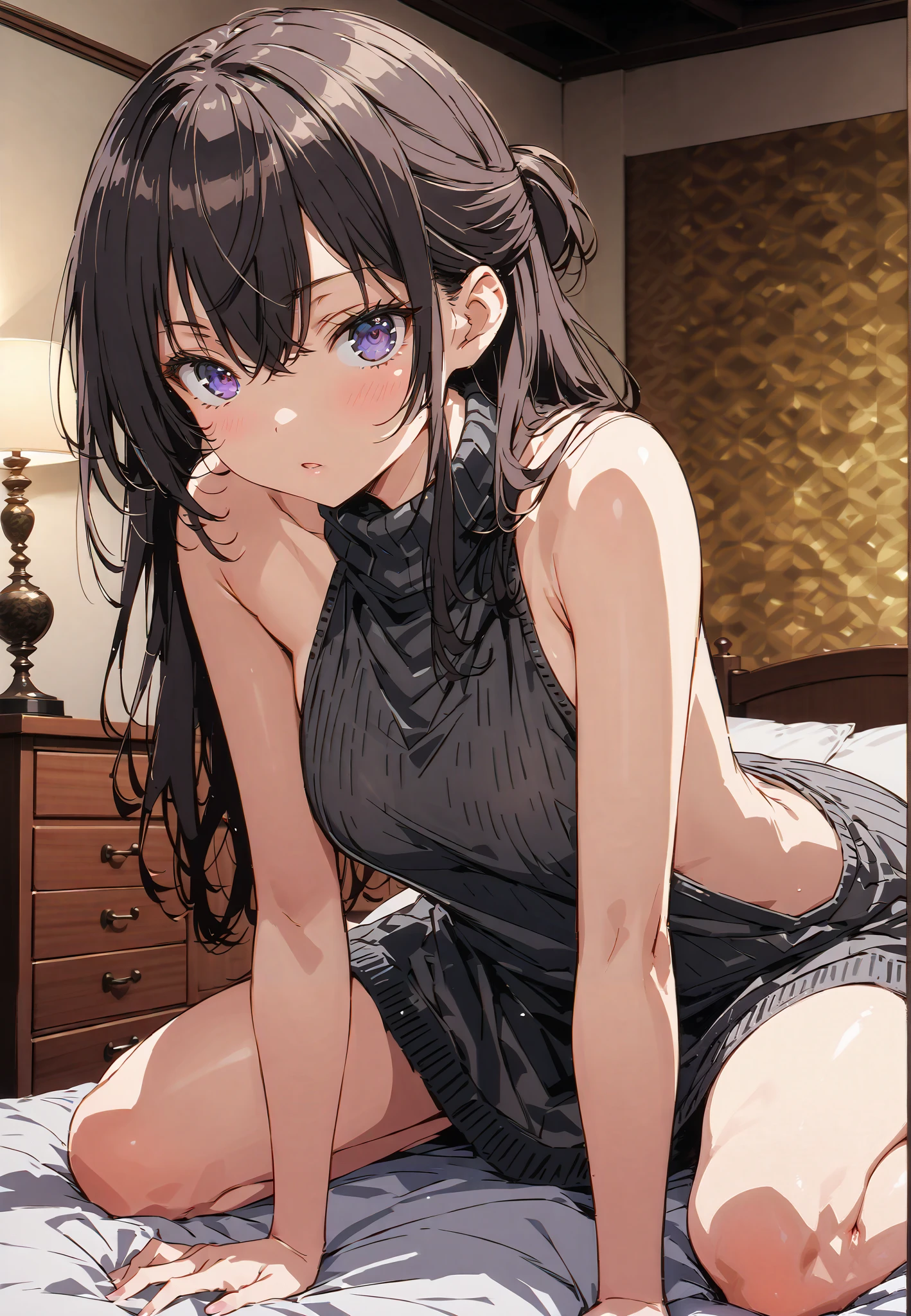 score_9, score_8_up, score_7_up, source_anime, yuki suou, long hair, bangs, brown hair, black hair, hair between eyes, purple eyes, half updo, Virgin Killer Sweater, Naked Sweater, sweater dress, Open back clothing, Turtleneck sweater, backless dress,Black Panty Stockings, sideboob, straddle ,lean forward, bet, Interior , beautiful night view with depth,full bodyがイラストに入るように,break indoors, bedroom,
break looking at viewer,full body,
break (masterpiece:1.2),Highest quality , kampala, Unity 8K Wallpaper ,(shape:0.8),( fine, beautiful eyes :1.6),It's a person ,full body写真,CG Details , (perfect hands, complete anatomy),
