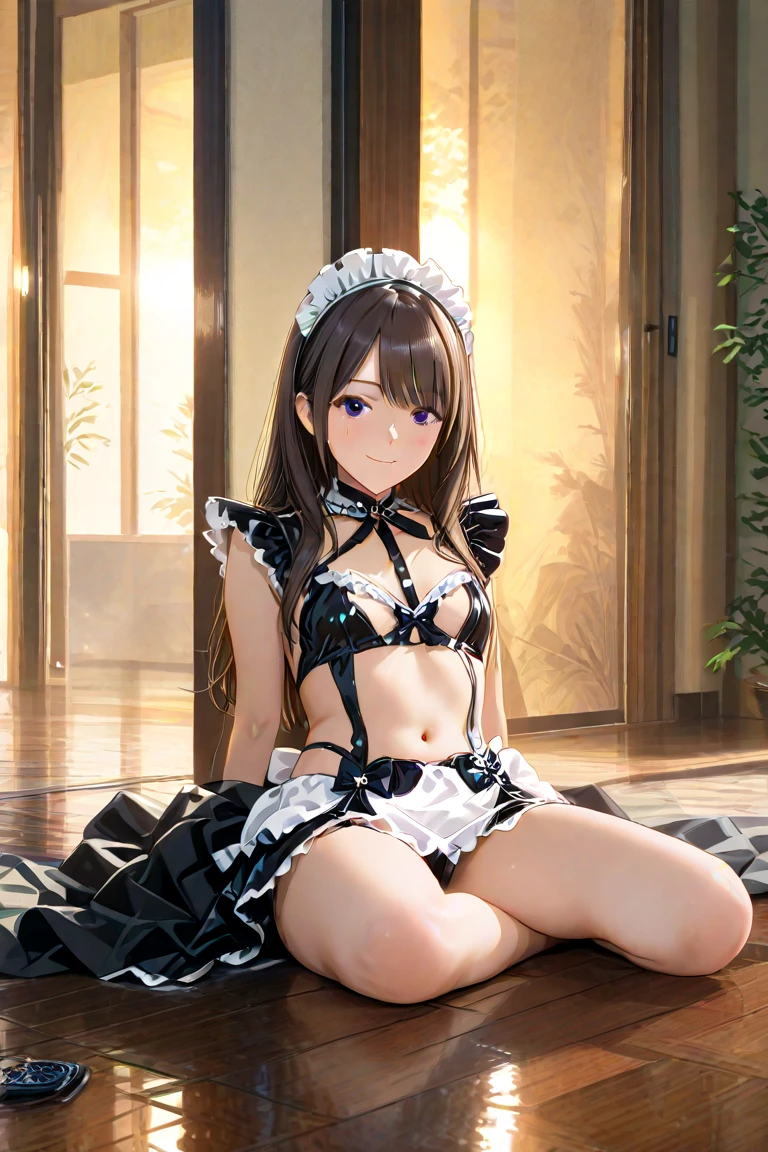 Tabletop,highest quality,Get used to it, NSFW,expensive, 9 heads and bodies, Squat,Arm behind wrist,1 girl, Ahegao, Cute eyes, black eye, Open your mouth, droop, The whole face turns red, alone, mansion, Crotchless panties, Small breasts, (Blunt bangs, Bobcut), White maid outfit、whole body、Looking up from below