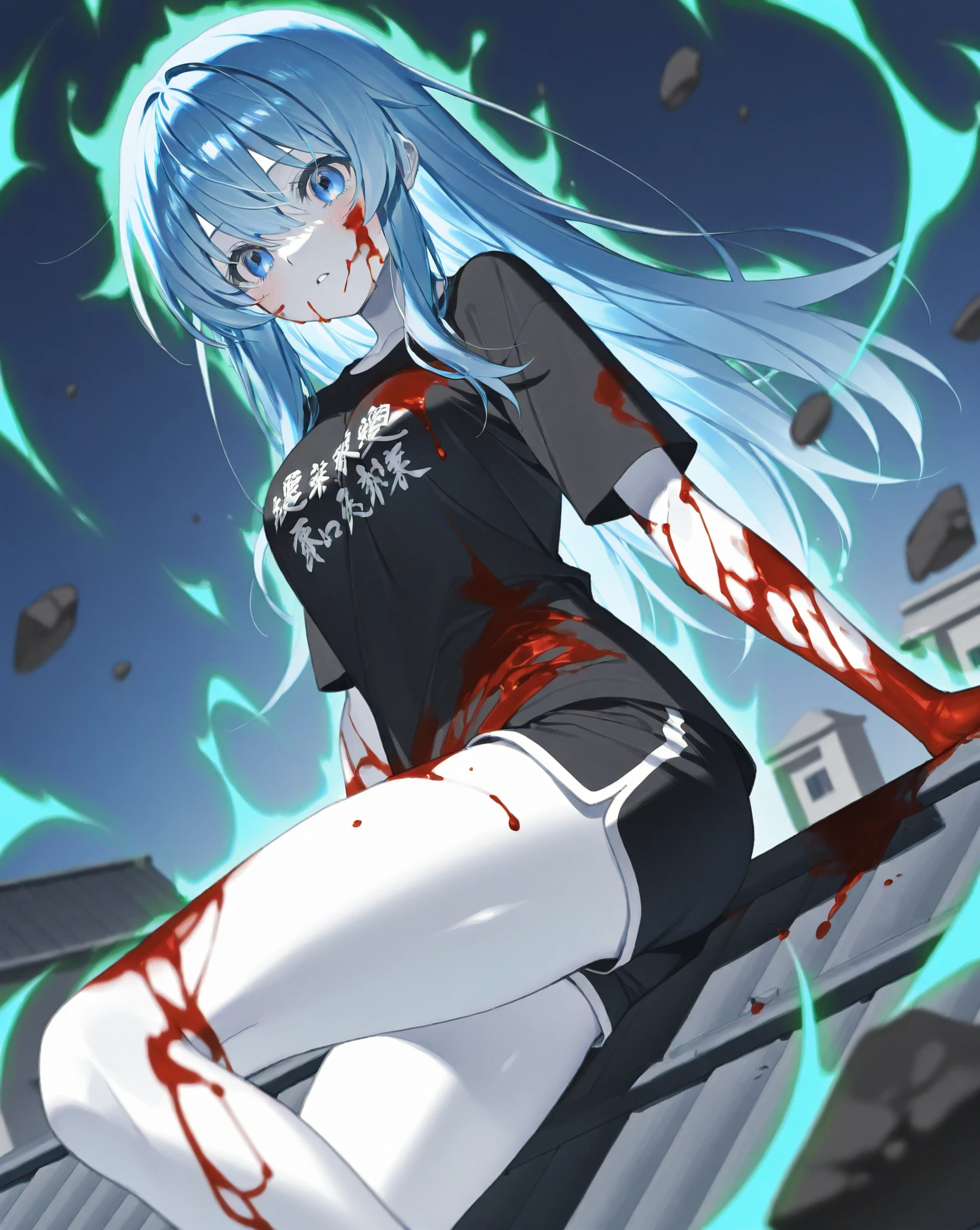 masterpiece, Highest quality, High resolution, Very detailed,(((Blood-stained Yoizaki Kanade))), (((Wrapped in thunder))), (((smile))), Shorts, Outdoor, Low - Angle