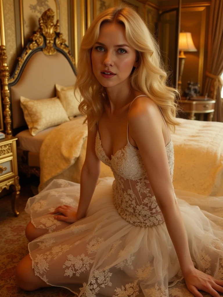 (best quality,4k,8k,highres,masterpiece:1.2),ultra-detailed,(realistic,photorealistic,photo-realistic:1.37),beautiful blonde,blonde hair,perfect body,beautiful detailed face,laced short dress,white short dress,living room,night,soft lighting,subtle shadows, elegant, stylish, alluring,colorful carpet,plush sofa,gorgeous curtains,delicate decorations,artistic painting on the wall,reflections on the glass table,sparkling chandelier,hint of moonlight peeking through the window,luminous atmosphere,serene expression,gentle gaze from captivating blue eyes,rosy lips with a gentle smile,faint blush on the cheeks,airy and confident pose,lively energy emanating from her, vibrant colors accentuating her beauty,tiny droplets of rain on the window,subtle aroma of her perfume filling the air,magical ambiance, creating a timeless moment