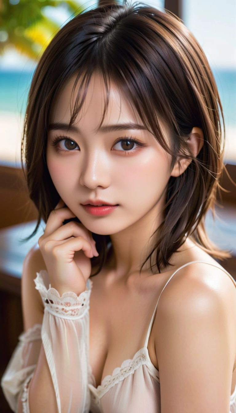 masterpiece、highest quality、High resolution、Tabletop、wallpaper、Realistic、Bright lighting、Professional Lighting、Face Light、Smooth lighting、Japanese women、Adult、Beautiful woman、action、gravure、sexy、so beautiful、Beautiful Skin、Beautiful and detailed、Detailed face、slim、moderately、short hair、Brunette colored hair、Brown eyes、Looking at the camera、Large Breasts、Cleavage、Swimwear、Tropical Beach