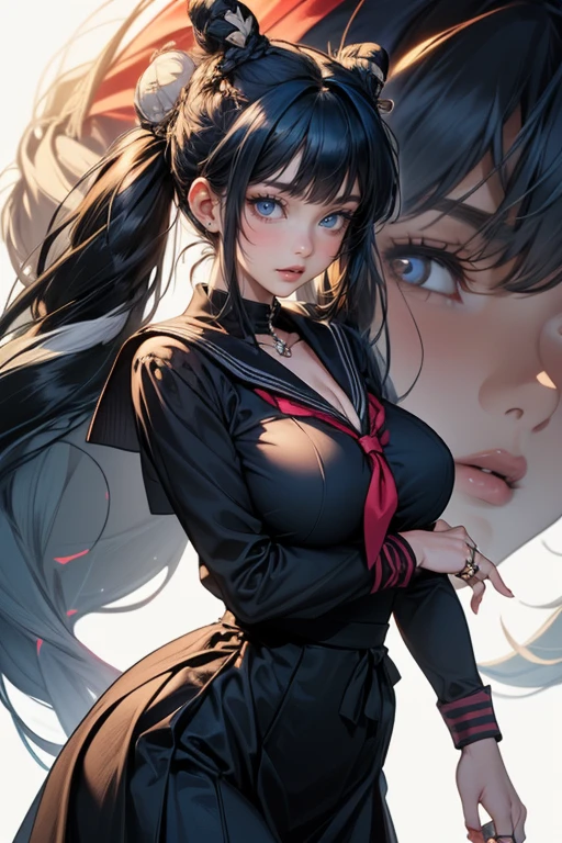 Woman, 30 years, hot, NSFW, Dark suit, white silk blouse, black high heels, silver accessories, loose wavy hair, black hair, blue eyes, makeup, red lips, cinematic lighting, close-up, caustics, masterpiece, textured skin, super detail, high quality