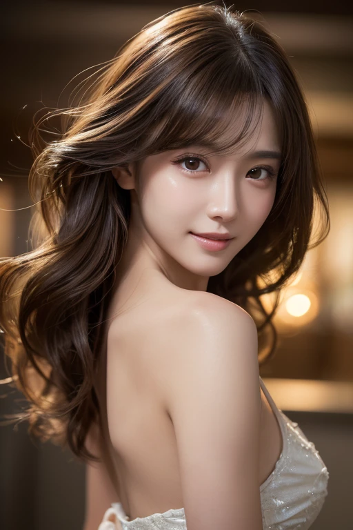 masutepiece, Best Quality, Illustration, Ultra-detailed, finely detail, hight resolution, 8K Wallpaper, Composition that includes the perfect whole body, Beautiful detailed eyes, ((fullnude:1.27)),((Hide your breasts with one bath towel:1.1))、 Random and cute hairstyles, large full breasts,cleavage,slender waist, Natural Color Lip,Beach, Random and cute poses,toothy smile,((Chest and under the eyes、droppy big eyes,Mole on the arm:1.1))、((Raking hair for shortcuts))、((Ride along the coast:1.1))、((Camera work from behind、turned around:1.1))、break, (Sitting in the supermarket:1.2),
break, Very beautiful eyes, (Symmetrical eyes,droppy big eyes:1.3),
break, medium breasts,cleavage,boobs,wet nipples, bare shoulders,Brown eyes, Parted bangs, Brown Hair, (Upper teeth, The best smile:1.0),
break, (Eye and facial details:1.0),
break, (masterpiece, Highest quality, Very detailed, Detailed face, 8k)