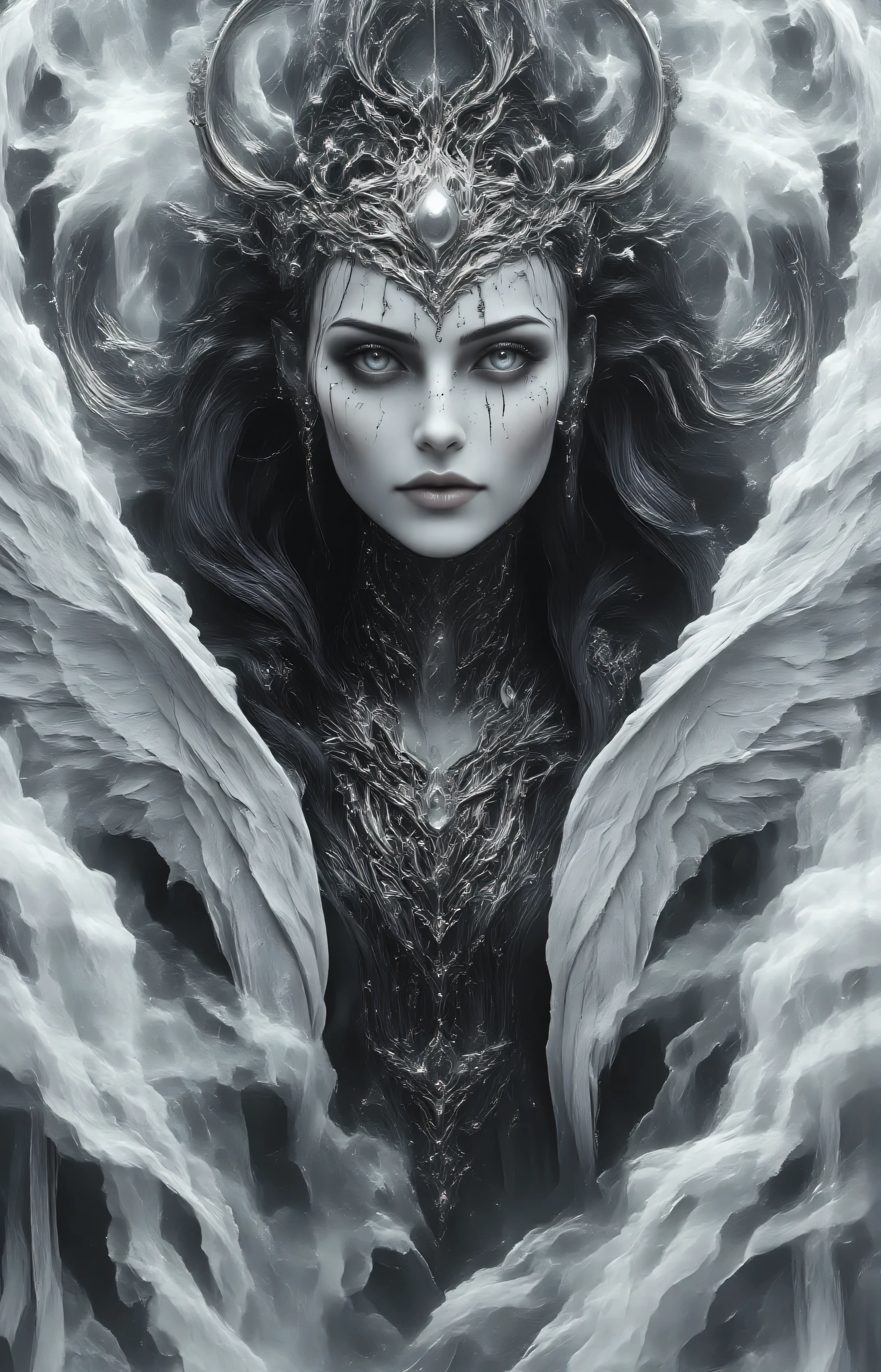 Accurate portraiture of the Norse goddess Hel,portrait,realistic eyes,face portrait,pov,16K, Realism, Masterpiece, looking at viewer,black and white photography with colored eyes,Masterpiece, High Resolution, Best Quality, Award Winning, Accurate, Detail, High Details, HD, High Quality, Quality, Super Detailed, UHD, Long Hair, Jewelry, God Rays, Ray Tracing, Chromatic Aberration Abuse, Classicism, Realism,