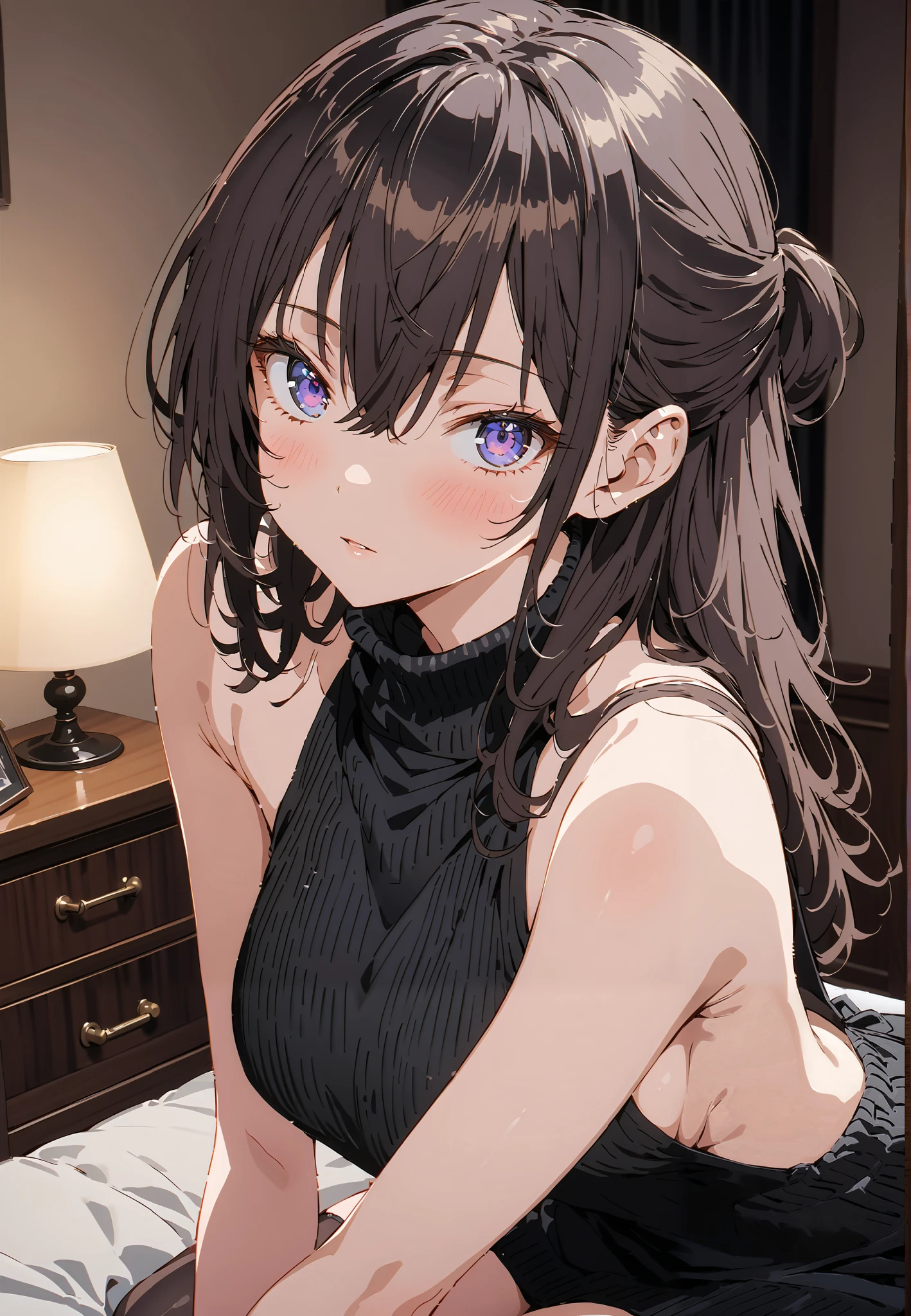 score_9, score_8_up, score_7_up, source_anime, yuki suou, long hair, bangs, brown hair, black hair, hair between eyes, purple eyes, half updo, Virgin Killer Sweater, blush,Naked Sweater, sweater dress, Open back clothing, Turtleneck sweater, backless dress,Black Panty Stockings, sideboob, straddle ,lean forward, bet, Interior , beautiful night view with depth,full bodyがイラストに入るように,break indoors, bedroom,
break looking at viewer,full body,
break (masterpiece:1.2),Highest quality , kampala, Unity 8K Wallpaper ,(shape:0.8),( fine, beautiful eyes :1.6),It's a person ,full body写真,CG Details , (perfect hands, complete anatomy),