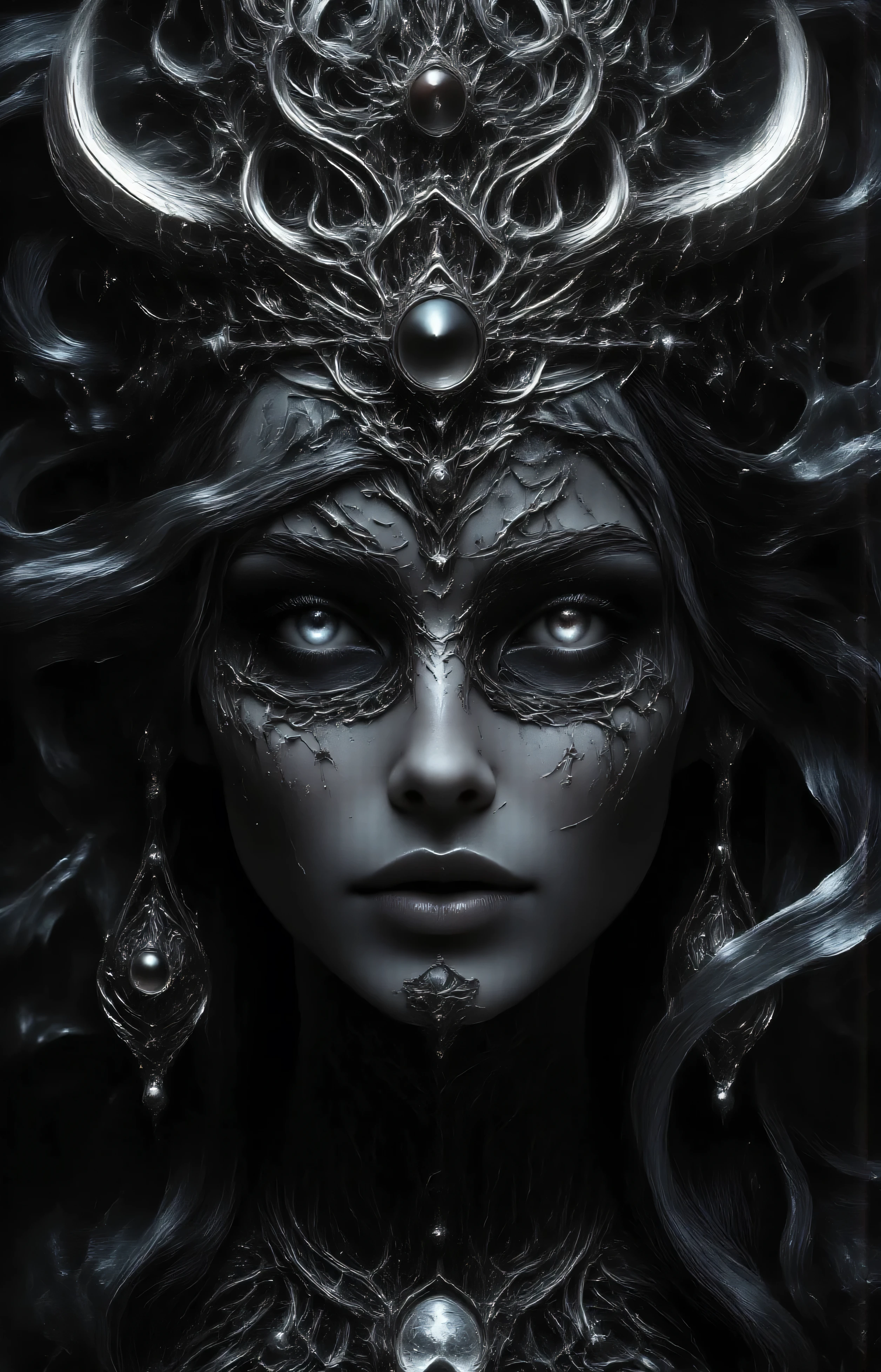 Norse goddess Hel,portrait,realistic eyes,face portrait,pov,16K, Realism, Masterpiece, looking at viewer,black and white photography with colored eyes,Masterpiece, High Resolution, Best Quality, Award Winning, Accurate, Detail, High Details, HD, High Quality, Quality, Super Detailed, UHD, Long Hair, Jewelry, God Rays, Ray Tracing, Chromatic Aberration Abuse, Classicism, Realism, 