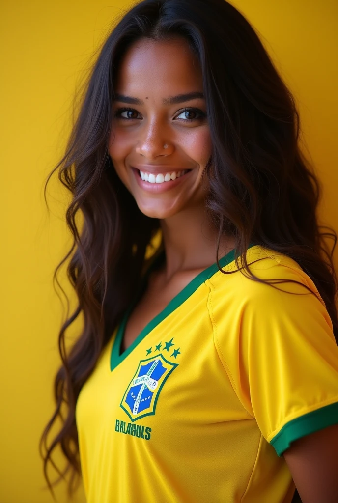femme Latina de 22 ans avec des grosse lèvre gros seins et le maillot de foot du brésil avec des trait du visage tres realiste et faut pas voir que c est une ia assis et moins maquiller avec quelques default pour etre plus realiste. happy smile attractive