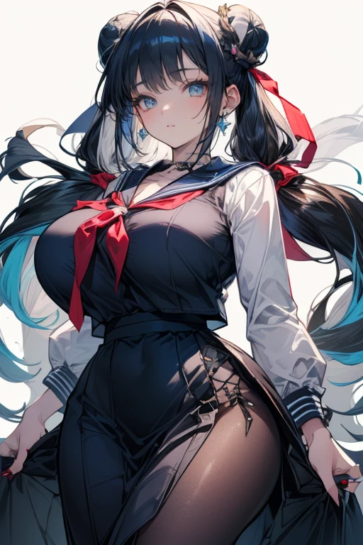 (cowboy shot: 1.5), (white background, simple background: 1.5), (masterpiece:1.5), (big breasts: 1.5), (1 girl: 1.5), young woman, (Beautiful Girl:1.5), (extremely detailed and delicate anime face and eyes:1.5), whole body, (natural light, HDR, extremely details CG:1.3), (dynamic posture: 1.3), {correct body anatomy}, (wide hips: 1.3), (perfect hands: 1.5), single focus, toned body, Beautiful Lips, thick lips, {surreal}, {correct posture}, {minutes details}, {detailed body}, {detailed clothing}, (Bright Eyes: 1.3), (cleavage: 1.3), {accessories}, {sexy}, (dark violet sailor dress: 1.5), (school uniform: 1.3), dark violet long sleeves, (white sailor collar: 1.3), short skirt, (black thigh-high legwear: 1.3), black legwear, ribbon tie, bowtie, loafers, earrings, (hair ribbon: 1.3), necklace, (light smile: 1.3), long hair, (two-tone hair: 1.5), (maroon hair with turquoise streaks: 1.5), (straight hair: 1.5), (swept bangs: 1.5), swept bangs, glowing hair, (bright yellow eyes: 1.3),