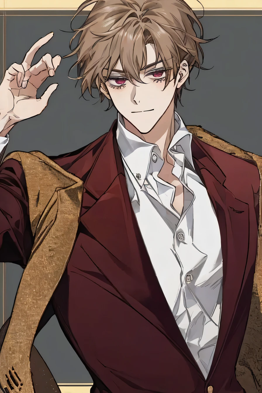 clean anime outlines,The lines are unstable in thickness,Anime-style illustration of a young male character with light brown, slightly messy hair with subtle golden highlights. His hair has one small side braid on the left side, subtly woven into the hair, not a full braid. His deep red eyes, similar to garnet or dark ruby, not too bright, with a subtle glow give him a mysterious and confident expression. He has a slight smirk, and his hand, wearing a black glove, is gently touching his face. His outfit consists of a white collared shirt and a deep red blazer, giving him a refined yet slightly mischievous appearance. The background is simple, focusing on the character’s striking features and expression.