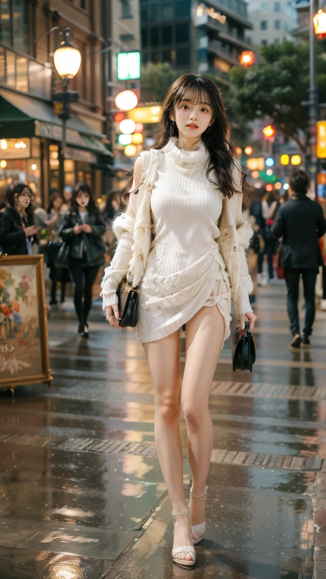 Short length、 ((White knit loose off-shoulder top)), Brown Skin, belly button, thin, Medium , Messy bangs, Cheeky look, Redness on the cheeks, Raise the corners of the eyes, Young Face、 ((Very detailed)), Perfectly detailed face, Great hands, Photorealistic images, street, Sexy pose, Accurate Arm, Accurate Fingers, ((beautiful big breasts:1.6)),Sheer white underwear, high heels, NSFW, walking, tight mini skirt, ((full body))