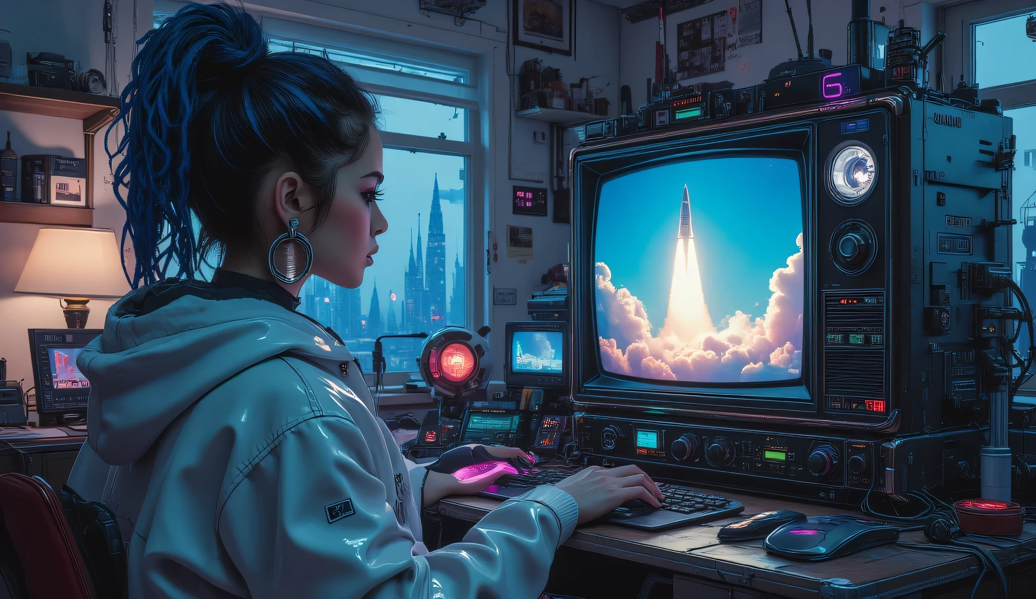 8k
Ultra-realistic image quality,
Hyper-realistic photo,
Ultra-precise depiction,
Realistic,
Not low quality,
Exquisitely fine details, ultimate details, hyper-realistic details, precisely rendered skin,
Cyberpunk world, a cyberpunk world in 2300 AD.
A room in an old apartment.
There is a repaired CRT TV.
Various analog electronic devices.
The room is dimly lit, with the room faintly illuminated by the reflections of light from the CRT TV.
Many digital devices glow on the walls.
Outside the window at the back of the room, futuristic skyscrapers can be seen.
A woman in her 20s.
The woman is watching an old CRT TV placed on her desk.
The TV's cover is removed, revealing the bare, simple machinery.
Her hand is illuminated by an ancient desk lamp.
Viewing the woman from the side.
The woman's profile is visible.
The woman is wearing large earrings.
The woman is in the foreground, with the CRT TV on the wall in the back, and a window with a view of the outside next to it.
The woman is wearing a white futuristic hoodie.
The woman's hair is blue and in dreadlocks.
The always-on CRT TV shows an ancient space shuttle launching from its launch pad.