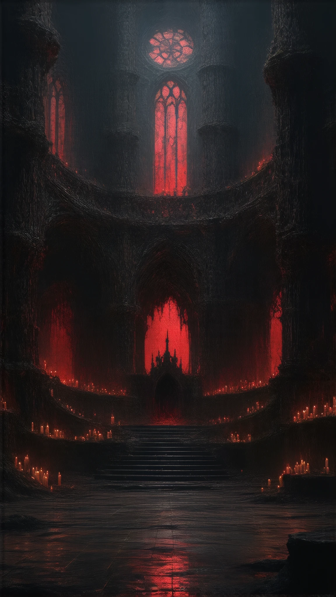 Eerie Place, red theme, dark fantasy art, indoor, panoramic, Ultra high saturation, (best quality, masterpiece, Representative work, official art, Professional, 8k)