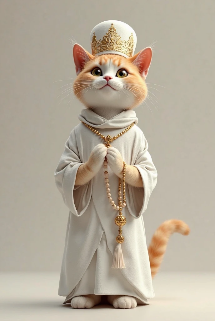 A cat with a Islamic hat in his head. Warning a white Jubba and a Tasbih in his hand. Cat is standing.