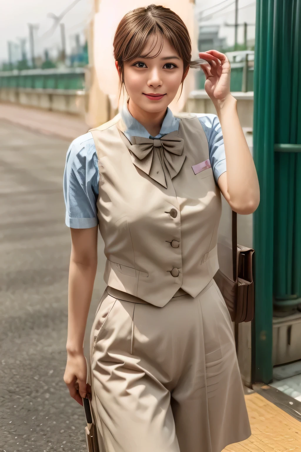 (masterpiece:1.2, Highest quality:1.2), 32kHDR, Hi-Res, (alone、1 girl)、(Rooftop of a building during the day、 professional lighting)、Building rooftop background、(JR WOMAN TRAIN CREW UNIFORM BEIGE REAL STYLE)、((JR Woman Train Crew Uniform Beige Light Blue Blouse Short Sleeve 、 Knee-length culottes skirt、 beige vest、 scarf))、dark brown hair、(long hair、 with hair tied up、 with hair tied up)、dark brown hair、Long Hit、big breasts、 Read more、(( amazing hands:2.0)),((A harmonious body shape:1.5)),((Normal limbs:2.0)),((Usually refers to:2.0)),(( Delicate Eyes:2.0)),((Normal eyes:2.0)))、smile、(JR Woman Train crew uniform beigeのKnee-length culottes skirtを見せた美しい立ち姿)、Hands clasped underneath