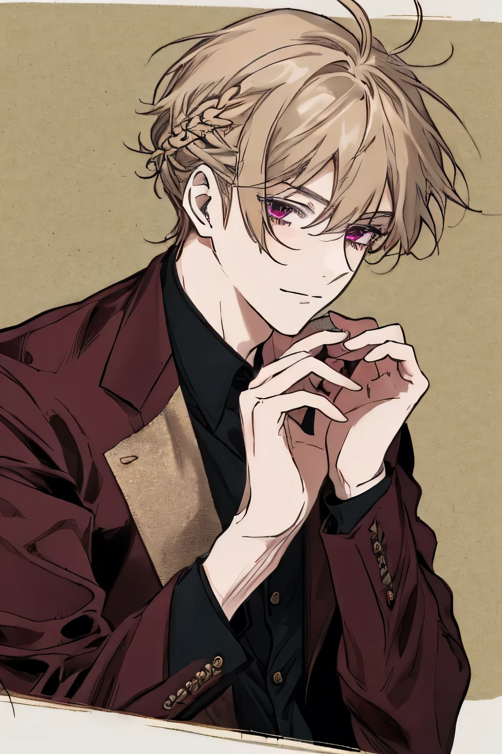clean anime outlines,The lines are unstable in thickness,Anime-style illustration of a young male character with light brown, slightly messy hair with subtle golden highlights. His hair has one small side braid on the left side, subtly woven into the hair, not a full braid. His deep red eyes, similar to garnet or dark ruby, not too bright, with a subtle glow give him a mysterious and confident expression. He has a slight smirk, and his hand, wearing a black glove, is gently touching his face. His outfit consists of a white collared shirt and a deep red blazer, giving him a refined yet slightly mischievous appearance. The background is simple, focusing on the character’s striking features and expression.