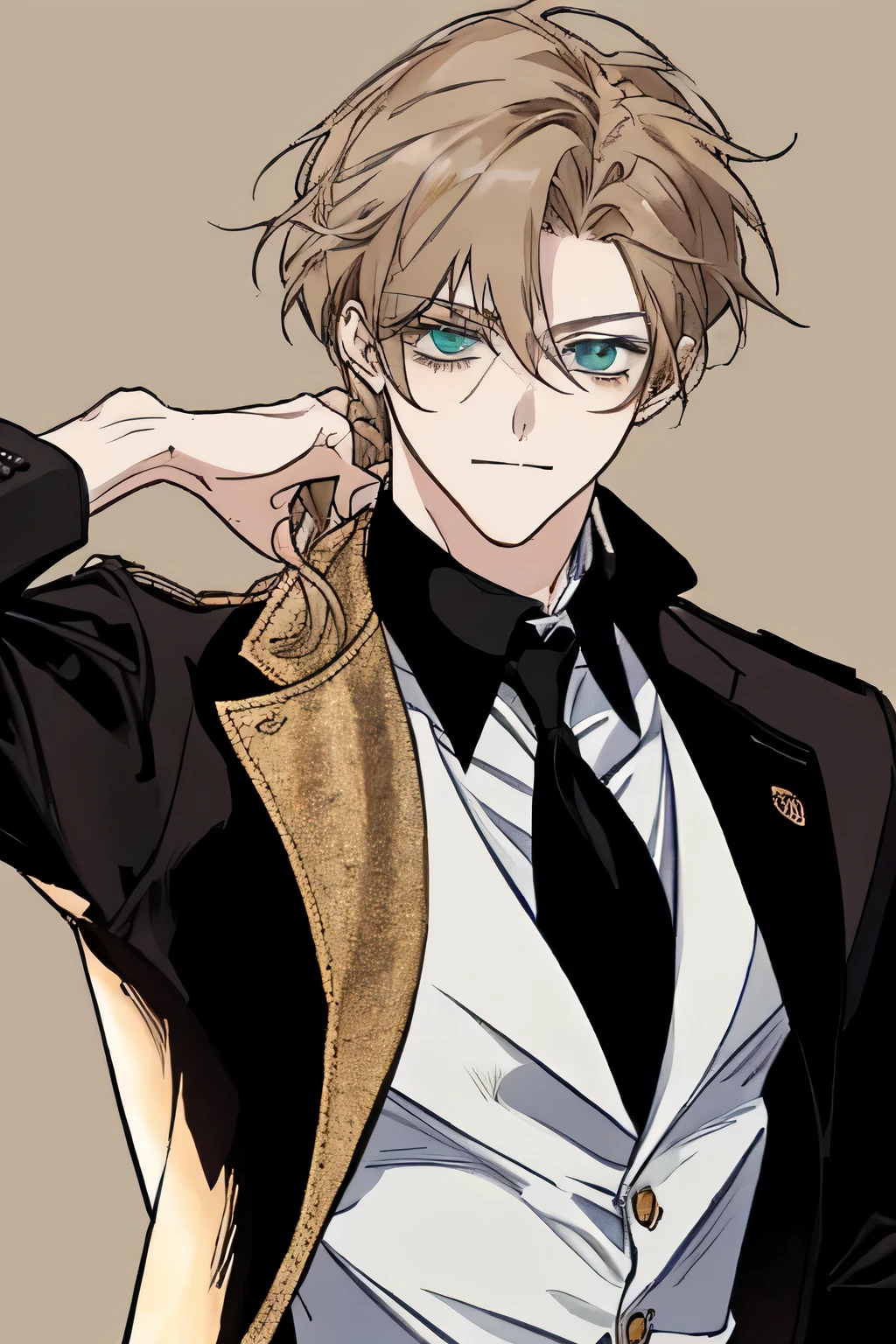 clean anime outlines,The lines are unstable in thickness,flat design,Anime-style illustration of a young male character with light brown, slightly messy hair with subtle golden highlights. His hair has a small braided strand on one side, adding a unique touch to his look. His deep crimson eyes with a soft glow are striking yet not overly bright, giving him a mysterious and confident expression. He has a slight smirk, and his hand, wearing a black glove, is gently touching his face. His outfit consists of a white collared shirt and a deep red blazer, giving him a refined yet slightly mischievous appearance. The background is simple, focusing on the character’s striking features and expression.