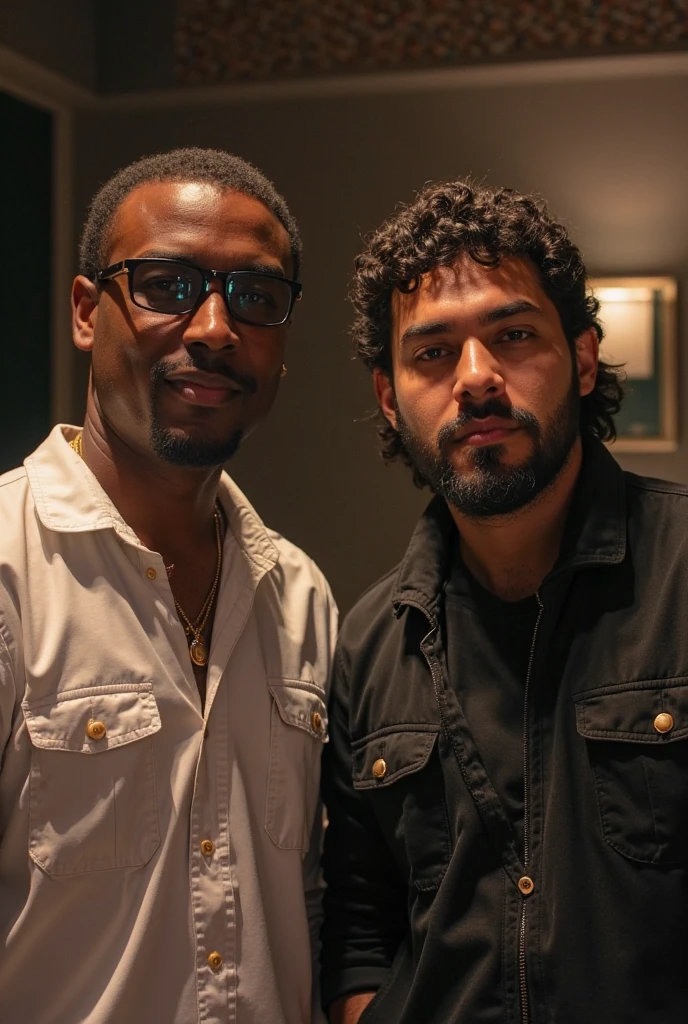 italian man with beard and glasses with a teenage african boy in a bar