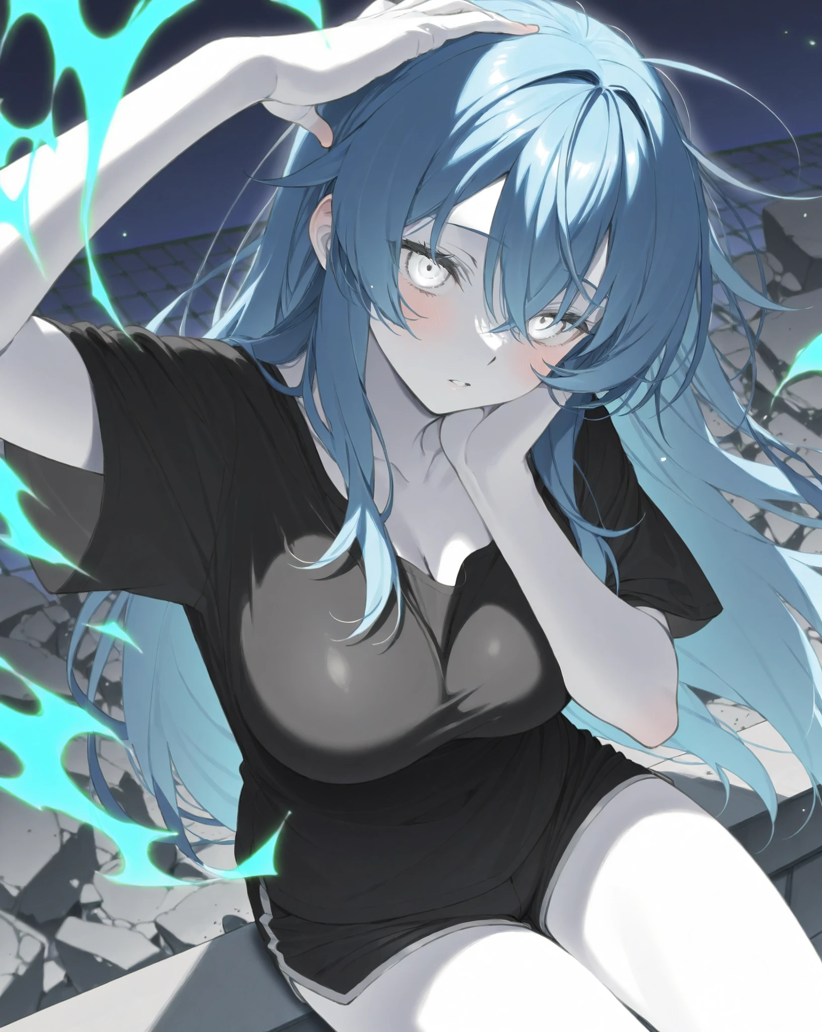 1 girl ,(big Stigmata), non binary, androgynous, School courtyard, (floating hair), ((in courtyard fountain)), character focus, ((black light)),((dark lighting)), cinematic lighting ,(darkness), (concept art), ((lustful face)), blue short straight hair, light blue hair color, dragonoid girl, short, short blue hairy, glowing bluish-purple horns, bluey-purple eye color, (glowing eyes), high resolution,(incredibly absurdres) ,extremely detailed CG unity 8k wallpaper, ((masterpiece)), ((top-quality)), (beautiful illustration), ((an extremely delicate and beautiful)), (masterpiece, Best quality, ultra high resolution), 1 girl, pale skin, Black Crown, purple eyes, Luminous_eyes, neon blue eyes, ultra detailed eyes, Beautiful and detailed face, detailed eyes, (Centered, torso), (wide shot:0.9), facing the viewer, Eye level, flat chested, flat chest, cup size AAA, Wearing black cargo shorts, sharp horns, blue horns on top of head, sexy, sexy pose, blushing