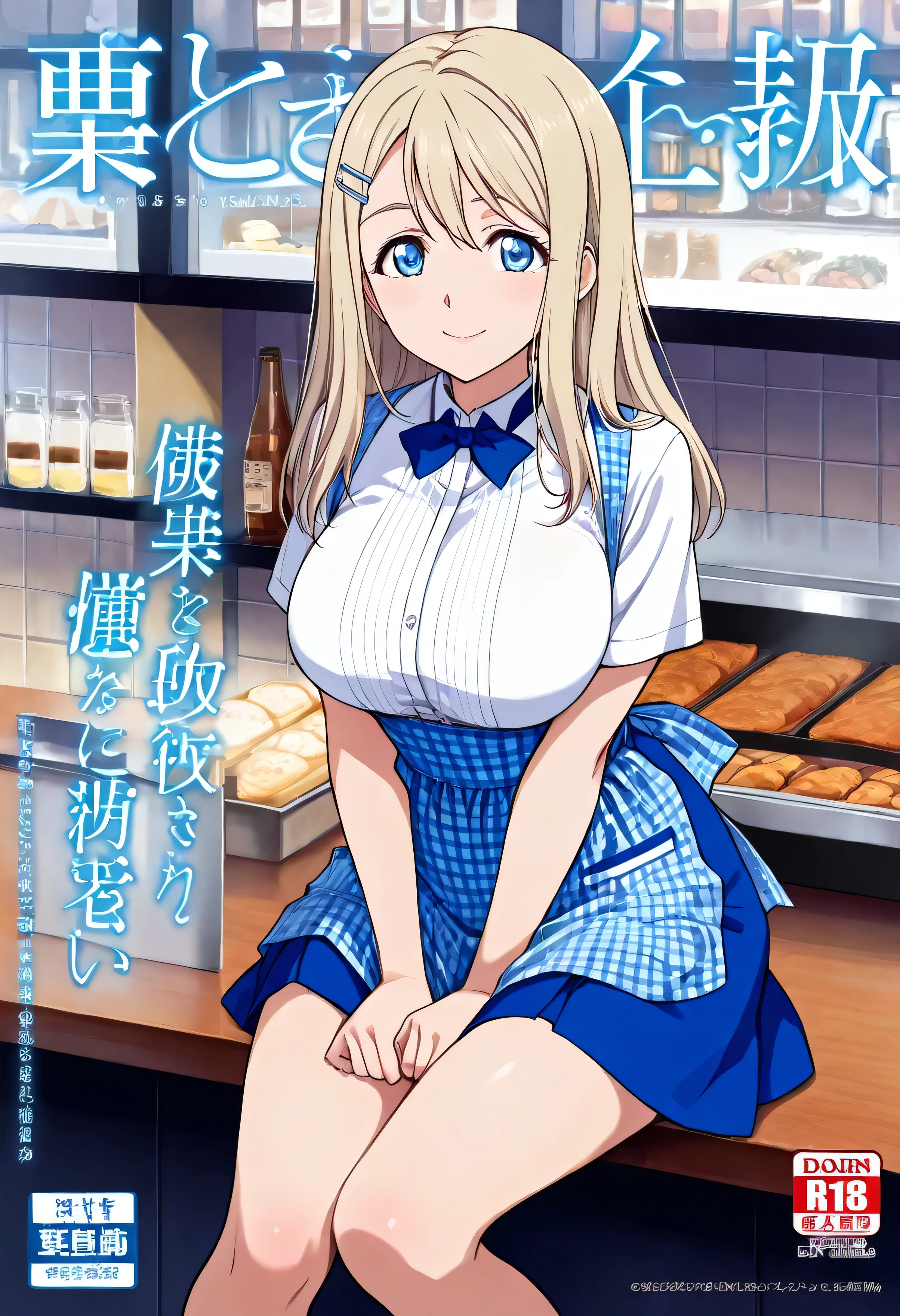(beautiful girl:1.3),masterpiece,Please redeem,Ultra-high resolution,rich contrast,Very high quality,8k,Highly detailed CG unit wallpaper,Texture,So ridiculous,RAW Photos,Highest quality anime,anime-style illustration,studio anime style,professional photograph,an extremely delicate and beautiful,Depth of written boundary 1.2,ultra-detailed eyes,Glowing Skin,Glitter Effect,Beautiful glossy lips,Big eyes,Round eyes,1girl ,Big Breasts,crew, blue bow, blue bowtie, white shirt, short sleeves, blue skirt, Blue apron, gingham apron, employee uniform, high-waist skirt, waitress,motion line,cover,cover page, ayase alisa, 1girl, blue eyes, blonde hair, long hair,hairclip,(閉じた目:1.5)