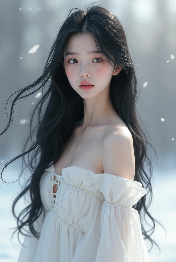 a close up of a girl with long black hair and a white dress,  detailed long black hair, white long straight hair, pale milky white porcelain skin, pale porcelain white skin, with straight black hair, long thin black hair, long raven hair, with long dark hair, pale snow white skin, beautiful and detailed face, stunning beauty,hide her hands, sensual face without revealing her body, anatomically correct face, no flaws,only one girl in the image,no deformities