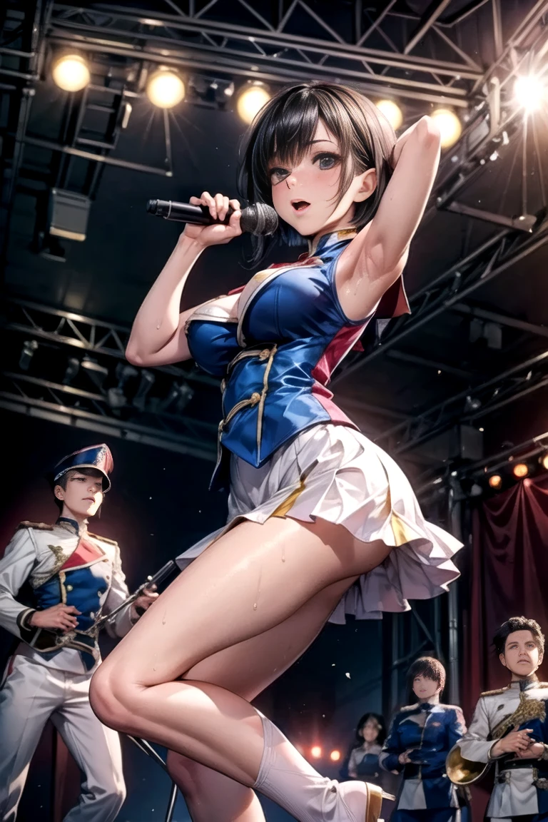 (masterpiece:1.2), best quality, high resolution,extremely detailed face,extremely , (perfect hands, perfect anatomy),xrdIno,shoot from below,open thighs,spread legs,squatting,white panties, bare shoulders, hat, choker, o-ring top, detached sleeves, short dress, fingerless gloves, thigh boots,music live stage,Shine a light on I-no's crotch,(coverd nipples),