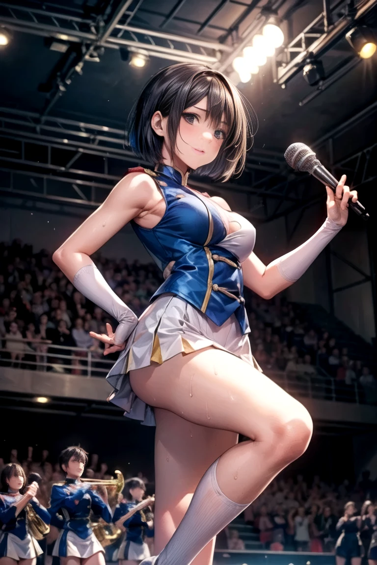 ((masutepiece, Best Quality, hight resolution, nffsw, Perfect Pixel, 4K, nffsw, nffsw))), 1girl in, Single, Solo, Beautie、((full body seen:1.3))、 ((short-hair, Bangs, Brown hair)), ((Brown-eyed, Beautiful eyelashes, Realistic symmetrical eyes)), ((Detailed face, Blushing:1.3)), ((Smooth texture:0.75, Realistic texture:0.65, Photorealistic:1.1, Anime CG style)), ((A 40-year-old woman in a cheerleader costume crawls on all fours on a high stage.:1.5)), ((all-fours:1.5)), ((Many photographers are taking pictures:1.5)), ((The photographer is pointing the camera at your pants..:1.3)), ((Surrounded by a large audience)), ((Viewer can see cameraman:1.7)), (((Wind blowing up skirt))), ((Large area、Cute patterned cotton panties exposed:1.5), ((I can see her pussy through her panties:1.3)), ((Sexy body with big)), (short-haired brown hair), (Separate costume with wide open chest:1.3), (Navy blue top with red trim, Dark blue pleated skirt:1.3), (Sleeveless costume:1.3), (the abdomen is exposed、Separate costumes::1.3), ((view from front:1.2)), ((Focus on panties:1.3)), (((Blushing))), (((Reluctant))), (((is crying))), (((Screaming))),