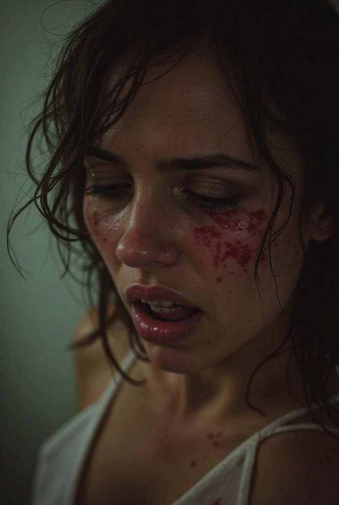 (dutch angle:1.6), (cowboy shot:1.4), (Short brunette hair), (beautiful female), ((Jennifer Garner:1.4),(Emma Stone:.8), (blood on face from head wound:1.4),  ((Dynamic pose, leaning on wall for support)), trying desperately to  escape,  in a chilling scene from a reimagined "Hostel" film, (intense eroticism:1.7) intertwined with horror, smeared with dirt and (blood), (tattered tank top:1.8), (black panties), trapped in a dark, menacing basement, chiaroscuro lighting illuminating her fear-stricken face, a ([macabre] yet seductive:1.4) atmosphere, echoes of Caravaggio's dramatic intensity, raw, sadistic peril around every corner.