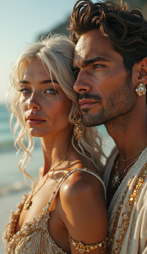 (best quality,4k,8k,highres,masterpiece:1.2),ultra-detailed,(realistic,photorealistic,photo-realistic:1.37),portrait,medium:oil painting,man,wearing Gucci clothes,mixed race,woman,with blonde hair,wearing Gucci clothes,in a beach,beautiful detailed eyes,beautiful detailed lips,extremely detailed eyes and face,long eyelashes,modern fashion style,romantic atmosphere,clear blue sky,soft sunlight,stunning view,cityscape,park,flowers,lovely couple that kiss,stylish poses,confident expressions,vivid colors,fine brushwork,impressive perspective,immaculate details,meticulous craftsmanship.