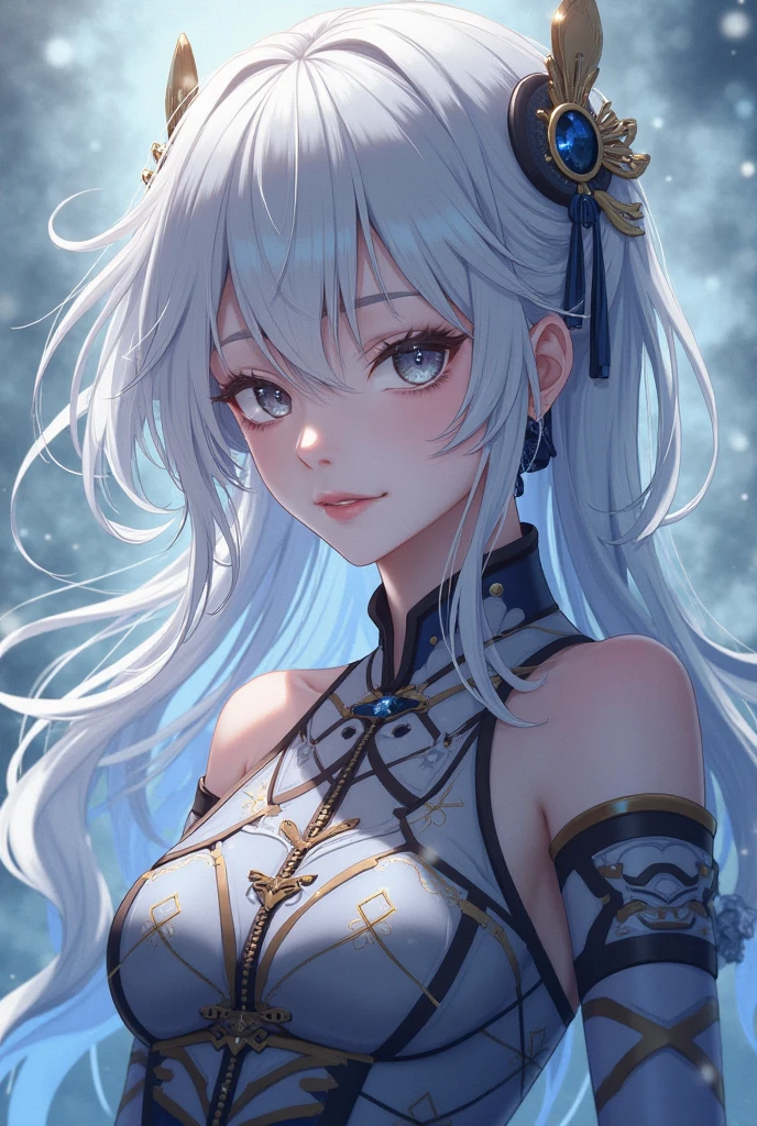 Super powerful, blue effects, long white hair, white clothes, half-naked, orange eyes, adult girl