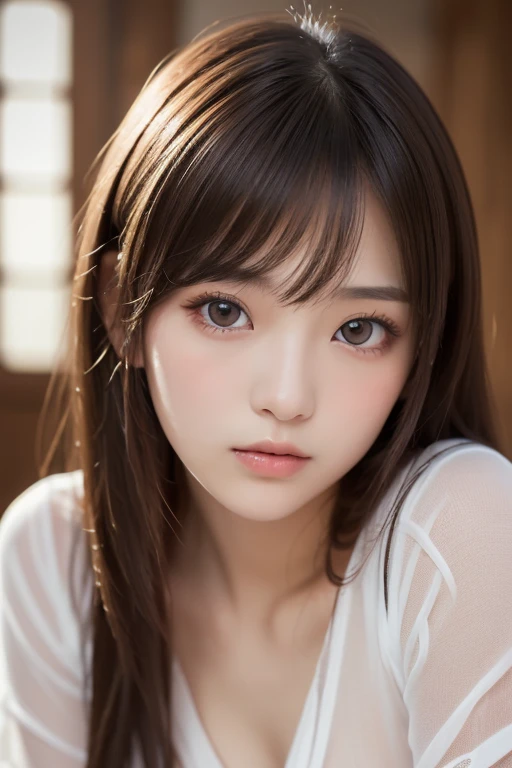 (close:1.5), (Highest quality、4K、masterpiece:1 )、Beautiful woman、Woman 1 Mature Woman Person、Ultra detailed face、Detailed lips、Detailed eyes、double eyelid、Japanese、(RAW Photos、Highest quality)、(Real、Realistic:1.3)、masterpiece、Very delicate and beautiful、Very detailed、Hmph、Unity、8k、Amazing、Detailed explanation、Very detailed、High resolution、Absurd、Soft Light、(Dark black hair、short hair、Curly Hair、Messy Hair、bangs)、Detailed beautiful girl、Detailed fingers、highly Detailed eyess and face、Beautifully detailed nose、Beautiful attention to detail、(Light on the face)、View your viewers、(Closed)mouth:1.2)、1 girl、Adorable、Your natural face、White skin、(Half Body:1.3、Sedentary position)、(Mid-breasted)、Real face、Realなボディ