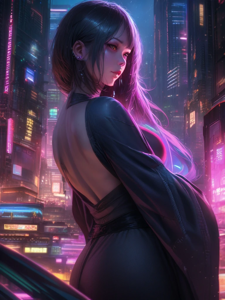 1 woman dancing on a strip club (green eyes, white skin, long black hair, ponytail, choker, small breasts, lipstick, makeup, eyeliner), wearing a neon sexy outfit, (cyberpunk theme), (masterpiece, best quality, 8k, sharp focus, depth of field, best shadows, perfect lights, HDR, realistic skin texture, ultra-detailed and detailed background),