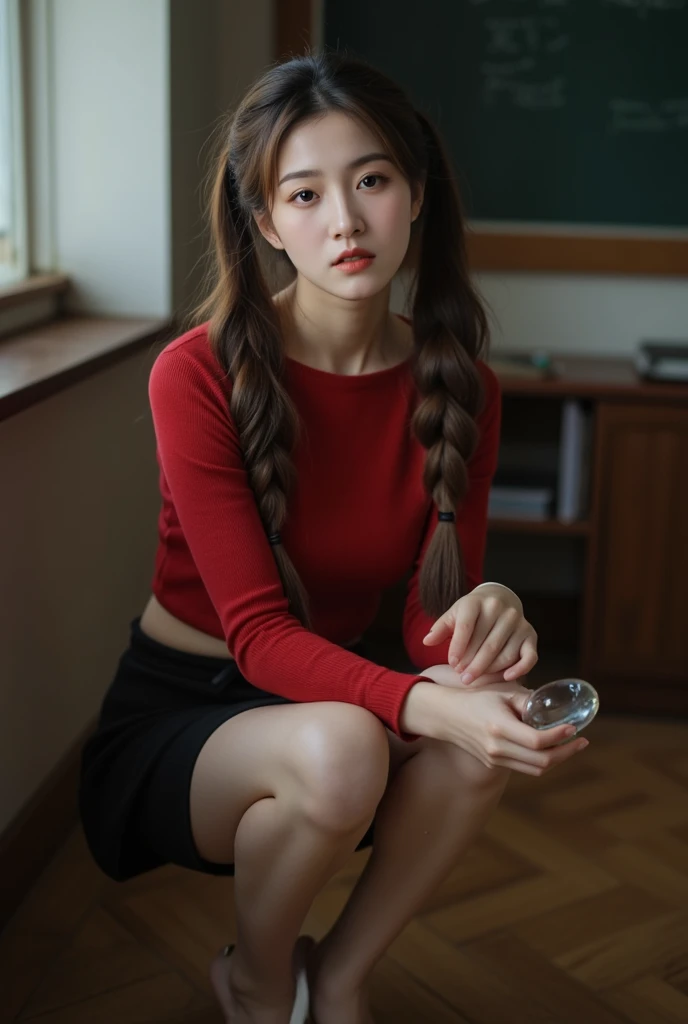 Messy hair, Best Quality, Illustration, Ultra-detailed, finely detail, hight resolution, 8K Wallpaper, Perfect dynamic composition, Beautiful detailed eyes, Natural Lip, black cotton sweatpants , Big breasts, (teacher:1.2), white knit sweater. busy, looking away, bend down, bent over