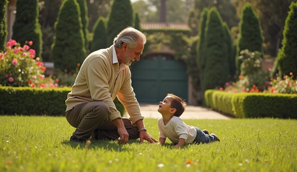 abuelo y su nieta dando la espalda al espectador, Amanecer, pradera, tulipanes azules. Grandfather has light cream skin color and his granddaughter has black hair with pale white skin color in a blue dress sitting on the grass.