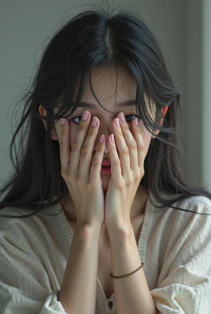 Loss of mental stability, She broke up with her boyfriend, Worn in black, Dark personality, She fell ill because she loved him too much, She feels insecure when she is alone, Teen, (Menhealer), japanaese girl, Ponytail, poor, tight, Looking at Viewer, Black Hair Band, lonely, sad, (She always hugs the cushion)