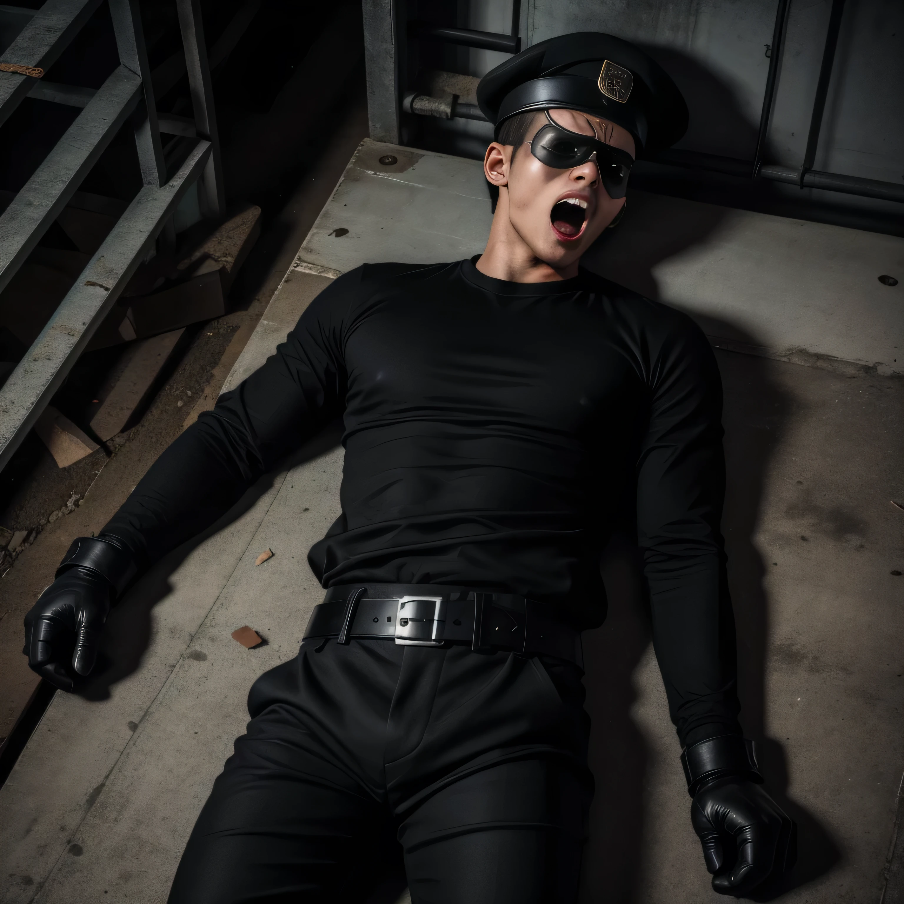 40 years old,One Man,、Black bodysuit、Shocker Belt、Black gloves、Black boots、explosion、On the road、On the rubble、logic,Gay ,Brown Hair、Short Hair。かなり短いShort Hair、Handsome Fighter　Sleeping with legs open in an M position、Open your mouth and stick out your tongue　Scream、My stomach hurts and I feel sick、Lean back