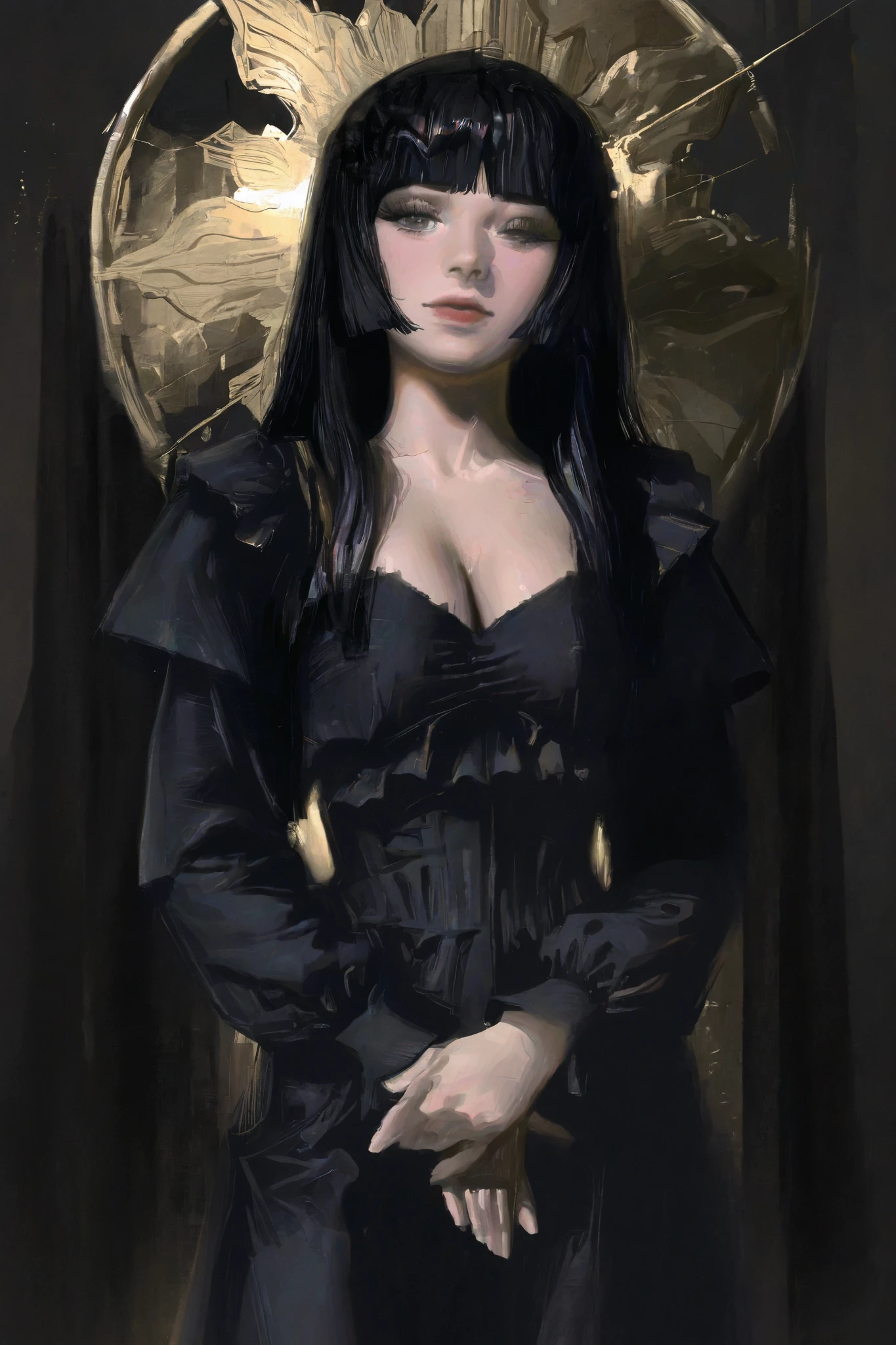 HDR, 8K, high contrast, masterpiece, best quality, amazing quality, very aesthetic, anime artstyle, realistic, hentai art, newest, (artist:incase:0.5), (artist:tsuaii:0.5) ,
BREAK
shiej007, bounce light, hyperdetailed, detailed hair strands, detailed fibers,
portrait, masterpiece, semi-realism,painterly, vivid colors, cleavage, best quality, 1girl, standing for portrait, hime cut, black hair, black dress, grey eyes. castle background, warm colors, hands crossed, looking at viewer