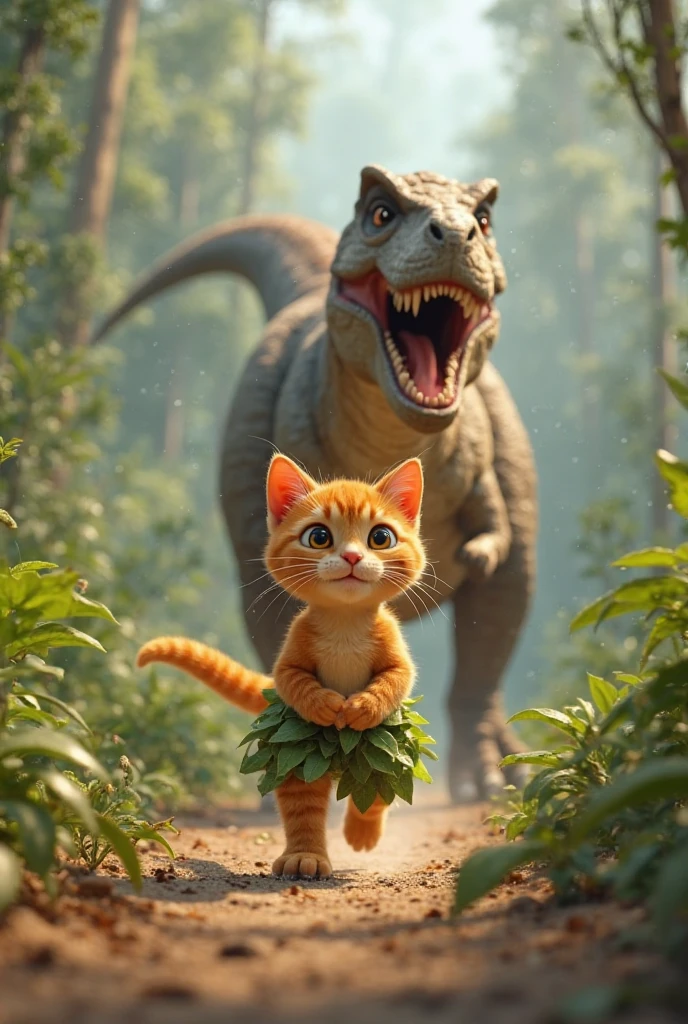 In 3d Pixar animation.
Character, a boy orange tabby cat wearing pants made of leaves
Action, running away from a fierce and huge T-Rex.
Background, Jurassic forest a T-Rex chasing from behind